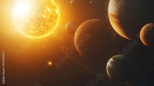 Fototapeta A vibrant depiction of the solar system with the sun and various planets.