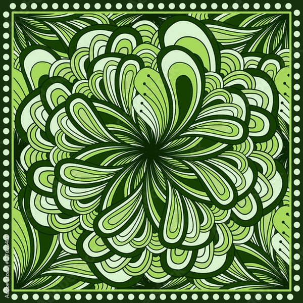Obraz Bandana print with  fantasy flower in green color. Square pattern design for pillow, carpet, rug. Design for silk neck scarf, kerchief, hanky