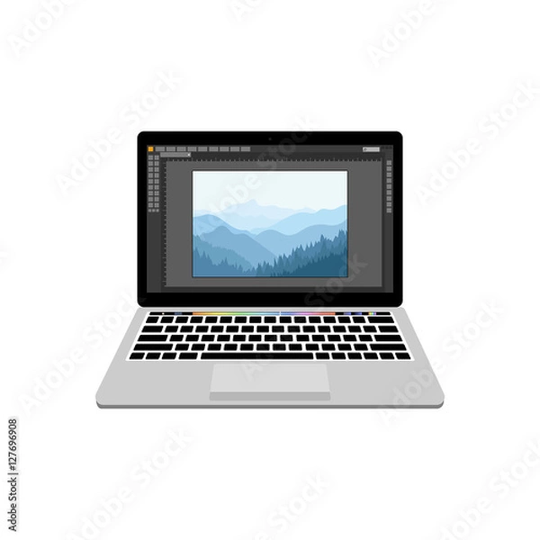 Fototapeta New laptop with photography processing editor. Notebook with new feachers and touch panel. Photo editing software on the monitor display.