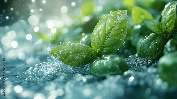 Obraz A Serene Visual of Bright Green Basil Leaves on Crystal Clear Water with Tiny Bubbles Creating an Illusion of Freshness