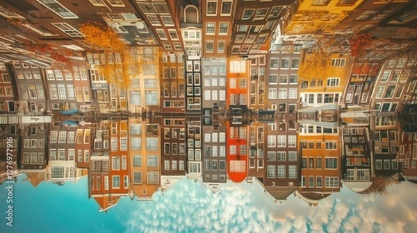 Obraz  Mind-bending reflection of Amsterdam canal houses appearing upside down in still water, creating a surreal and artistic optical illusion with warm autumn colors.

