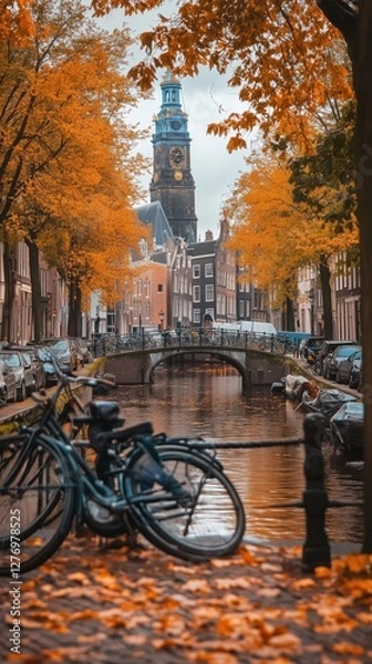 Obraz Historic canal bridge in Amsterdam, Netherlands, with bicycles lined up along the water and golden autumn trees framing a picturesque view of traditional Dutch gabled houses in the city.