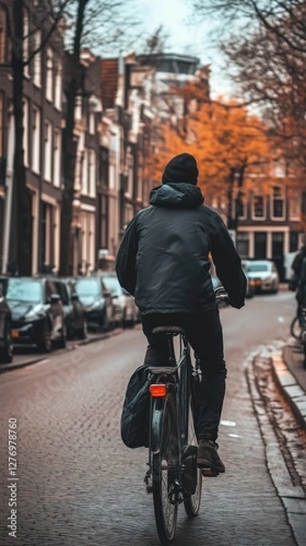 Obraz Cyclist riding through the streets of Amsterdam in autumn, dressed in a black jacket and beanie, surrounded by historic Dutch architecture and golden fall foliage, capturing urban life 