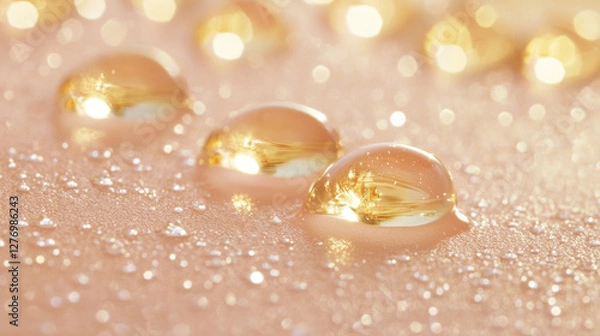 Fototapeta Close up of golden serum droplets on soft surface, reflecting light beautifully. shimmering droplets create luxurious and calming atmosphere, perfect for skincare