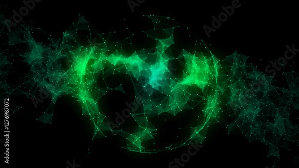 Fototapeta Abstract green sphere with connecting dots and lines. Network concept. Wireframe technology sphere. Big data visualization. 3d rendering.