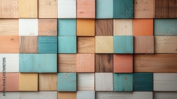 Fototapeta A stunning arrangement of colorful wood panels, showcasing various textures and hues that can enhance any modern design or interior project with a vibrant touch.