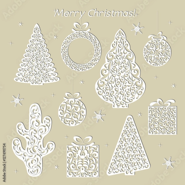 Fototapeta Set of Christmas openwork white paper figures. Stencil design. Laser decoration template for greeting cards, invitations. Tree, cactus, wreath, ball, gift, snowflake. Vector illustration.