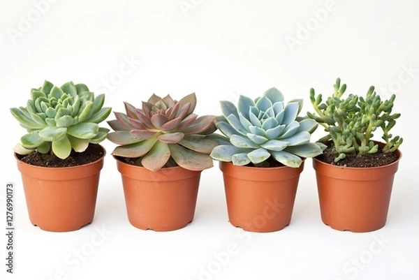Fototapeta various succulent plants arranged in a neat row on a clean white background. 