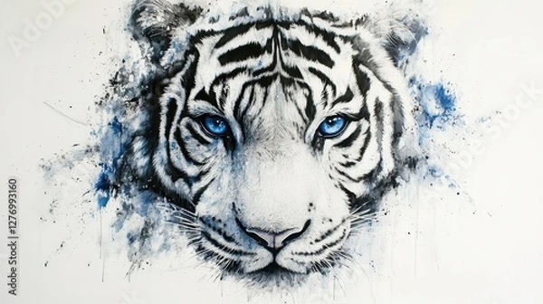 Fototapeta Watercolor of a majestic white tiger face with striking blue eyes and abstract splashes