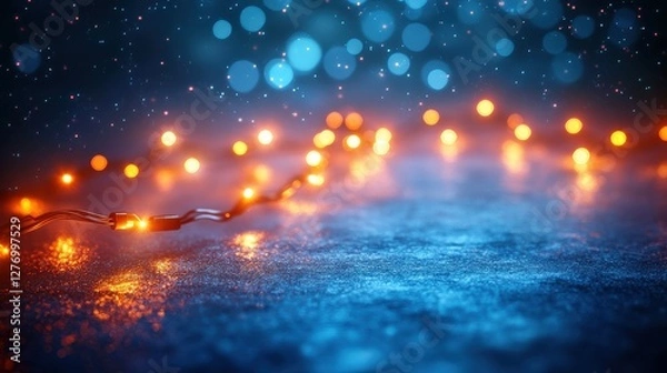 Fototapeta Twinkling fairy lights on a reflective surface, creating a magical atmosphere with bokeh