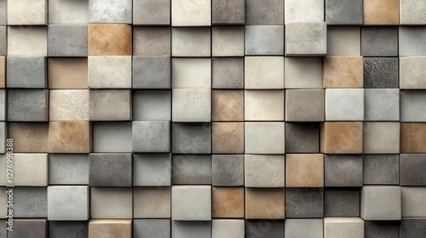 Fototapeta Textured wall with 3d square tiles of varying shades and patterns