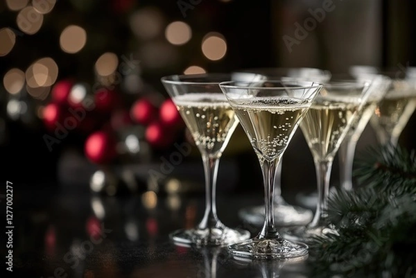 Fototapeta A row of champagne glasses filled with sparkling wine in an elegant setting