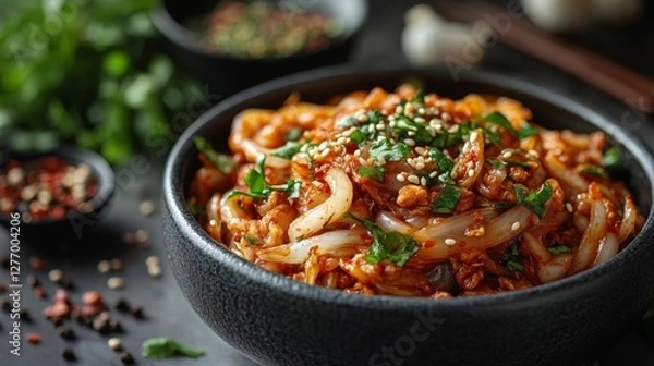 Fototapeta Korean Kimchi Stir-Fry with Rice and Garnishes. Generative AI