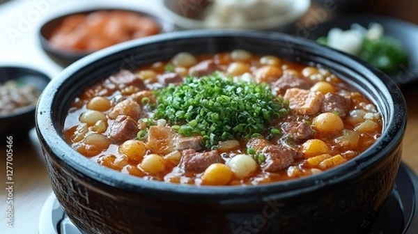 Fototapeta Delicious Korean Stew with Tofu and Vegetables in a Black Pot. Generative AI