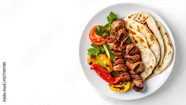 Fototapeta A high-resolution studio shot of Turkish Adana kebab served on a white plate, accompanied by grilled vegetables and flatbread. The dish is placed on the right side of the frame on a white background
