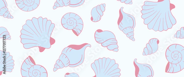 Obraz Vector background made of seashells. Natural shells are made in a minimalist pale blue color. Design for fabric, print, cover, banner, decoration, wall