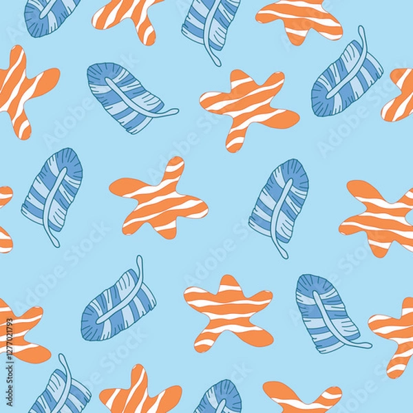 Fototapeta starfishes, blue leaves blue colored seamless pattern. starfish, blue leaves on sky bluish background seamless pattern. It is suitable for fabric, textile, decorations, wrapping, tiles and more.