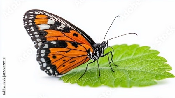 Fototapeta Vibrant Butterfly on Green Leaf: Detailed Close-up of Insect Wings and Delicate Texture