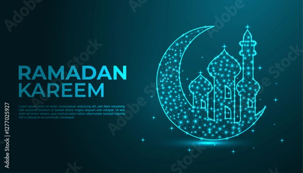 Obraz Elegant Abstract Ramadan Background with Blue Geometric Patterns, Crescent Moon, and Shining Stars – Futuristic Digital Islamic Vector Illustration for Eid Celebration, Midnight Sky, and Spiritual Fes