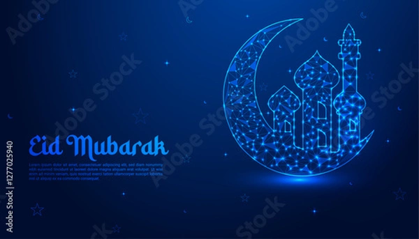 Obraz Eid Mubarak Celebration: A Stunning Low-Poly Digital Illustration of a Glowing Crescent Moon, Star, and Mosque on a Night Sky Background for Festive Greetings"

