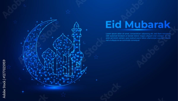 Obraz Eid Mubarak Celebration: A Stunning Low-Poly Digital Illustration of a Glowing Crescent Moon, Star, and Mosque on a Night Sky Background for Festive Greetings"
