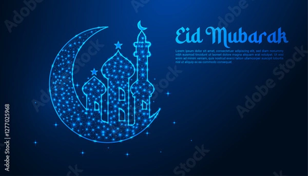 Obraz Eid Mubarak Celebration: A Stunning Low-Poly Digital Illustration of a Glowing Crescent Moon, Star, and Mosque on a Night Sky Background for Festive Greetings"
