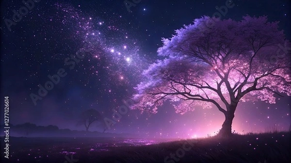 Fototapeta Enchanted glowing tree with luminous pink foliage under a vast starry night sky, radiating magical light in a dreamy fantasy landscape
