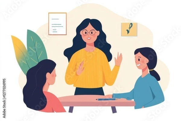 Obraz Young woman presenting her idea to colleagues isolate on white background