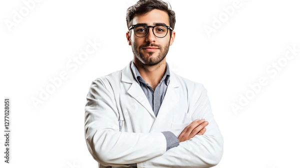 Obraz Pharmacist in a white lab coat, stylish glasses, exuding knowledge and trustworthiness