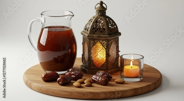 Fototapeta A wooden board includes a clear glass jug filled with liquid drink some dates a Ornate Lantern Candle and some dates on white background for Ramadan Kareem tea with dates time of Iftar Muslims