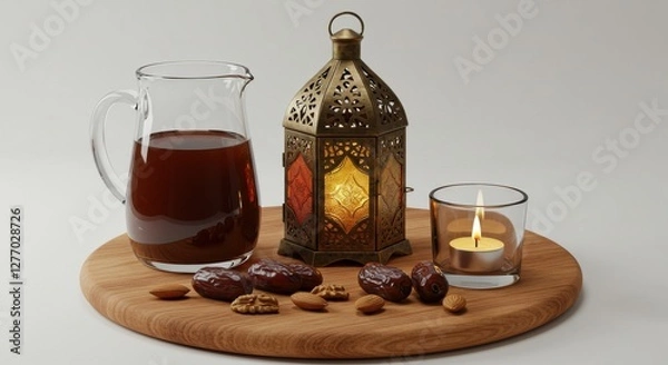 Fototapeta A wooden board includes a clear glass jug filled with liquid drink some dates a Ornate Lantern Candle and some dates on white background for Ramadan Kareem tea with dates time of Iftar Muslims