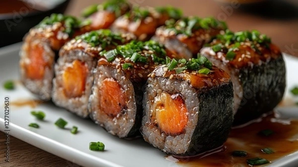Fototapeta Sushi Rolls with Grilled Fish Sauce and Green Onion Garnish. Generative AI
