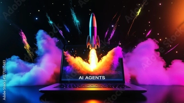 Fototapeta A rocket launch from a laptop computer with the words AI Agent symbolizing agentic assistant autonomy and the automation of work using AGI futuristic technology for future growth and success