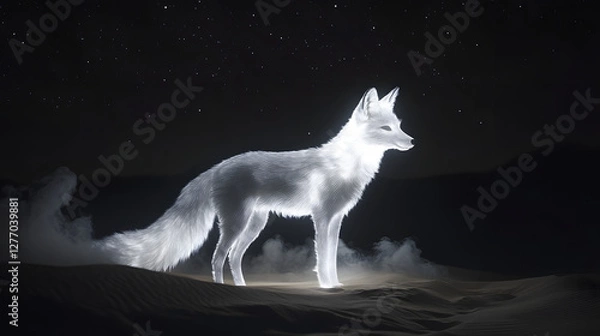 Fototapeta A beautiful white fox in the desert under a starry sky, its fur glowing with light and a wispy

