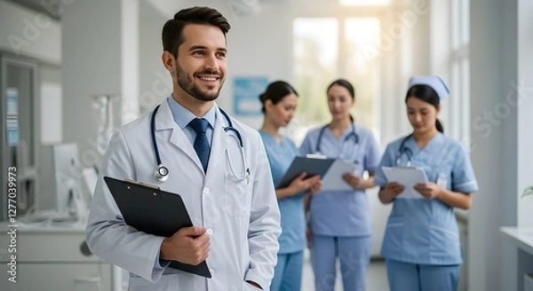 Fototapeta A happy doctor in medical uniform, in a hospital with other nurses, with a little bit of blurred background with side copy space, with background sunshine