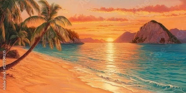 Fototapeta Tropical Sunset Beach Paradise: Palm Trees, Ocean, Island, Waves, and Golden Hour
