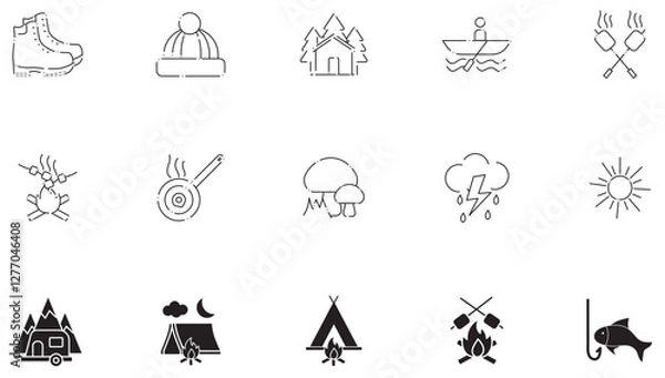 Fototapeta Set of camping vector icons in black lines on a white background