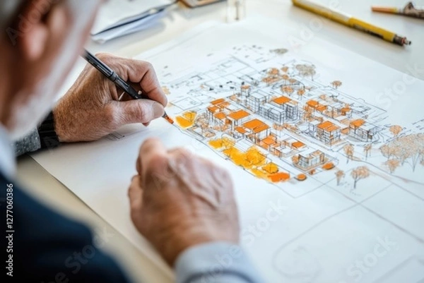 Fototapeta An architect meticulously sketches a detailed urban development plan, highlighting buildings and landscaping with orange accents.