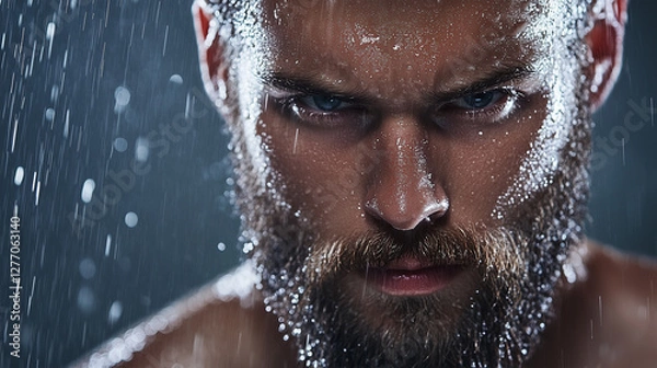 Fototapeta Intense close-up of a muscular man under falling water droplets in a dramatic setting