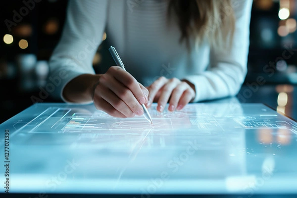Fototapeta Futuristic Digital Design: A Woman Uses a Stylus on a Sleek, Interactive Screen to Create a Modern Blueprint. The Image Showcases Innovation and Technological Advancement in Design.