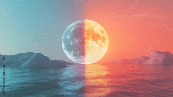 Fototapeta Half-moon over surreal seascape, split color palette.