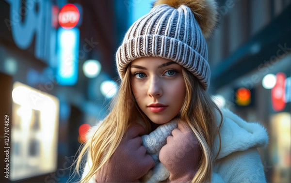 Fototapeta A fashionable blonde woman wearing a knit beanie and cozy gloves, standing on a city street at night with glowing lights in the background.