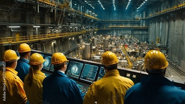 Obraz Industrial engineers monitoring a large factory floor from a control room.