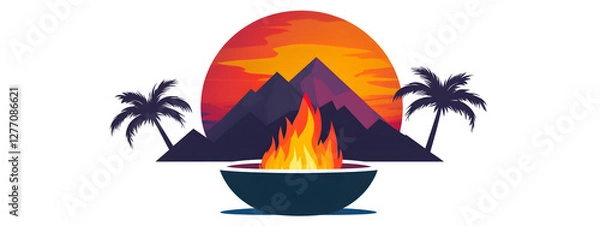 Fototapeta Logo, a vector graphic of a fire pit with palm trees and mountains in the background
