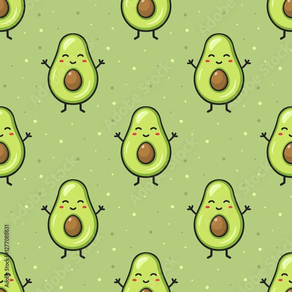 Fototapeta Kawaii avocado vector seamless pattern. Stylized vector character with smiling face, hands and legs on green background.