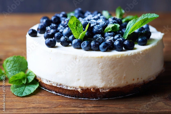 Fototapeta Close view at sweet creamy blueberry cheesecake with fresh blueberries and mint leaves on a wooden background with copy space.