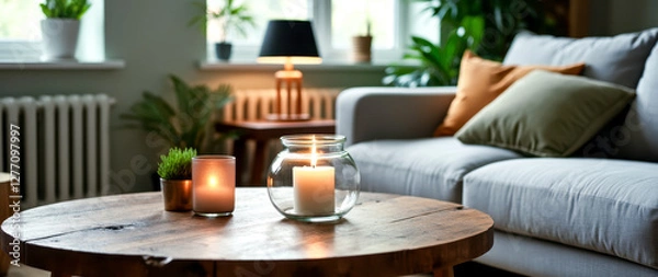 Fototapeta two illuminated candles on a rustic wooden coffee table in a living room setting