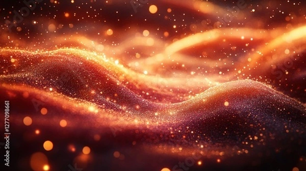 Fototapeta Abstract representation of glowing waves with shimmering particles in a warm color palette