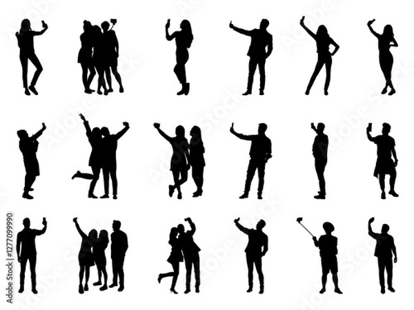 Fototapeta Set of People Selfie Silhouette in various poses isolated on white background