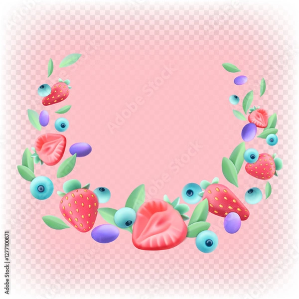 Obraz Mix of strawberries, blueberries, grapes and mint. Berry healthy dessert. Vector stylized 3D illustration.